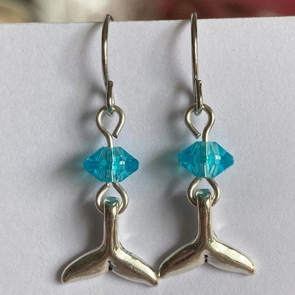 Silver Mermaid Whale Tail Earrings Aqua Bead Plated Dangle Dainty Nautical - Picture 10 of 12